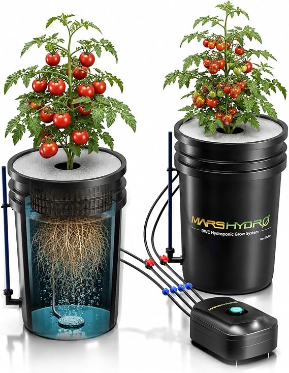 Mars Hydro DWC Hydroponic Growing System 5 Gallon Deep Water Culture with 8W Air Pump Multipurpose Air Hose Air Stone 2 Buckets and Pot Drip Kit