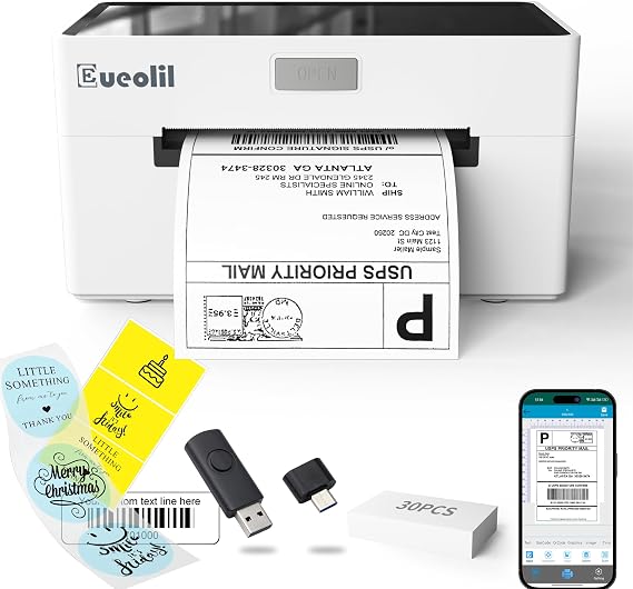 4x6 Thermal Label Printer, All-in-One Portable Bluetooth Shipping Label Printer for Small Business Compatible with Android/iPhone/Mac/Windows for Amazon, Ebay, Shopify, Etsy, USPS & UPS,White