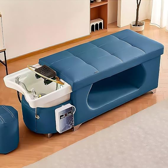 Massage Shampoo Bed-Shampoo Bed Includes Ample Storage Space, Head Spa Equipment & Facial Beauty Table with Textured Design(Water Cycle,Fumigation Set,Blue)