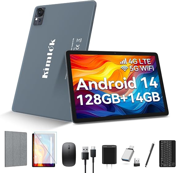 Tablet 10 Inch Android 14 Tablet 2025 Newest Octa-Core Tableta Dual 4G Cellular Tablet 128GB+14GB+1TB Extended 5G WiFi Android Tablet with Keyboard 8000mAh GPS 13+8MP Camera, Full HD Display