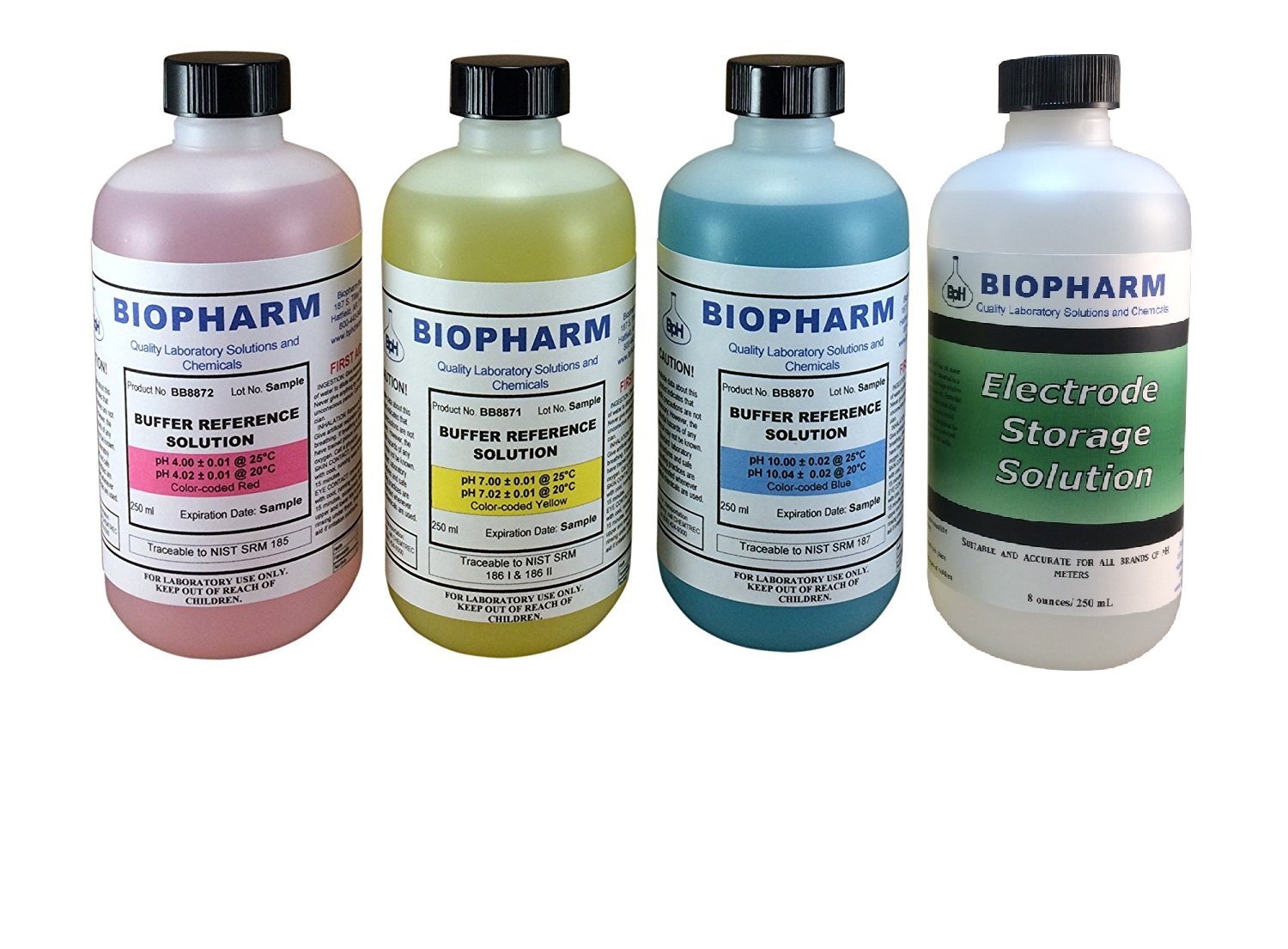 pH Buffer Calibration Solution Kit 4-Pack — 250 mL 8.4 fl oz Each: pH 4.00 Buffer, pH 7.00 Buffer, pH 10.00 Buffer, and Electrode Storage Solution — NIST Traceable Reference Standards