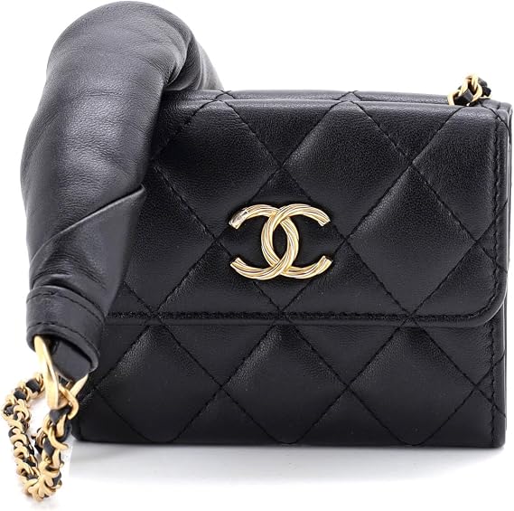 Pre-Loved Card Holder with Padded Chain Strap Quilted Lambskin, Black