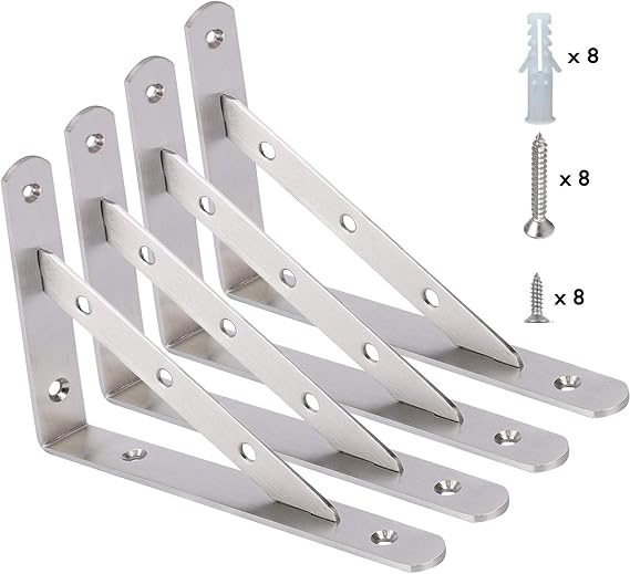 WSZDA 10 inch Shelf Brackets, 4 Pieces of Stainless Steel Solid L Brackets, Heavy Duty Floating Shelves Triangle Shelf Brackets, Wall Mounted Shelf Supporter Corner Bracket (10"x5.9"/250x150mm)