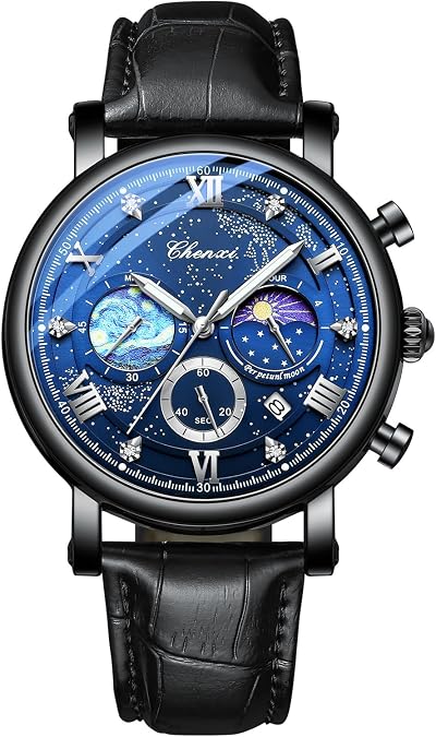 Avaner Men's Leather Strap Watches: Analog Quartz Wrist Watch with Luminous Hands and Three-Eye Dials