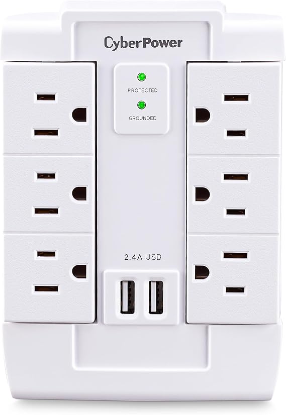 CyberPower CSP600WSURC2 Surge Protector, 1500J/125V, 6 Swivel Outlets, 2 USB Charging Ports, Wall Tap Design, White, UL listed