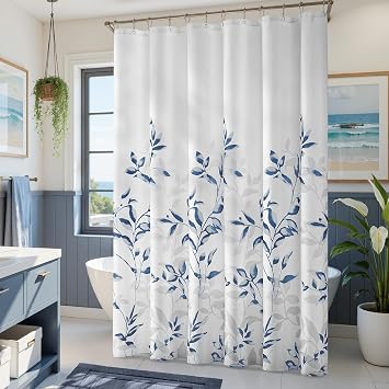 HOMEIDEAS Navy Blue Shower Curtain, Leaf Pattern for a Relaxing Spa Feel, Polyester with 12 Stainless Steel Hooks, Machine Washable for Bathtub or Shower Stall, 72x72 Inch