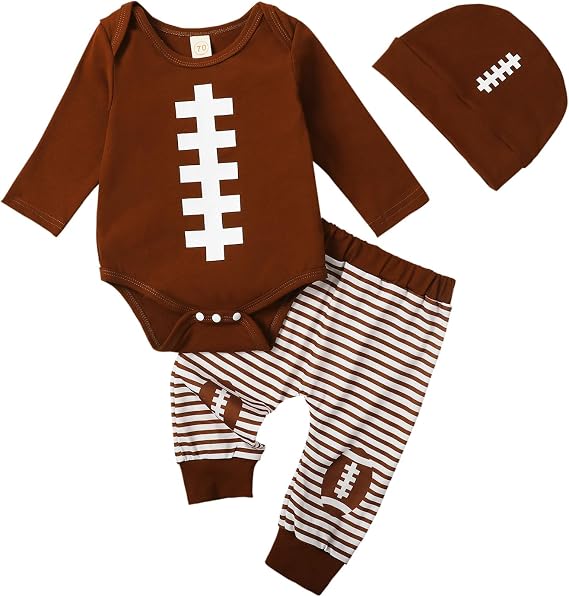Newborn Baby Boy Football Outfit Long Sleeve Rugby Football Romper Pants Set Hat 3Pcs Infant Fall Clothes