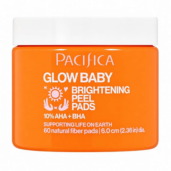 Pacifica Glow Baby Brightening Peel Pads 10% AHA + BHA Exfoliating Face Pads for Glowing Skin Resurfacing Glycolic Acid & Salicylic Acid Pad to Smooth Texture & Minimize Pores Fragrance Free 60 Count