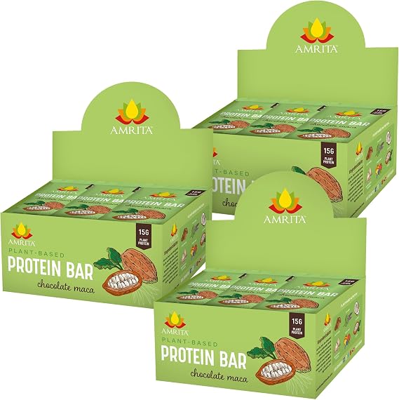 Amrita Nut Free Vegan Protein Bars 36 Pack, 12g Plant Based, Gluten Free | Chocolate Maca Protein bars, Peanut Free, Dairy Free, High Fiber, Low Sugar School-Safe Snacks & Breakfast