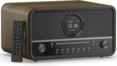 KEiiD Compact Radio CD Player with Speakers for Home, Retro Look Art-Deco Bluetooth Stereo Shelf System, LED Display with Dual Alarm Clocks, USB Playback, AUX, Headphone Output