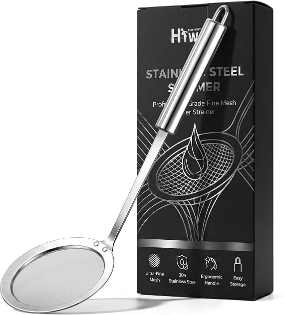 Hiware Stainless Steel Fat Skimmer Spoon - Fine Mesh Food Strainer for Grease, Gravy and Foam, Japanese Hot Pot Skimmer with Long Handle