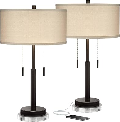 Franklin Iron Works Bernie Modern Industrial Table Lamps Set of 2 with Round Risers USB Ports 26 High Bronze Metal Tan Drum Shade for Bedroom Living Room House Home Desk Bedside Nightstand Office