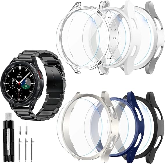 GOLDTOLUCK 44mm Galaxy 6 Case Band 6+6 Pack Tempered Glass Screen Protector Thin Scratch Resistant Protective Hard PC Bumper Classy Elegant Casual Men Women Metal Business Stainless Steel