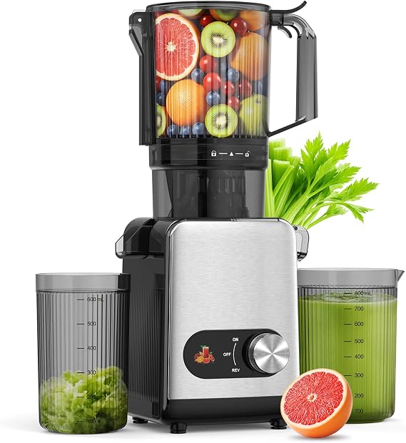 AGLUCKY Cold Press Juicer Machines, Large Feed Chute Juice Extractor Self Feeding Machine, High Juice Yield, Slow Masticating Juicer for Whole Vegetables & Fruits, Stainless Steel & Black