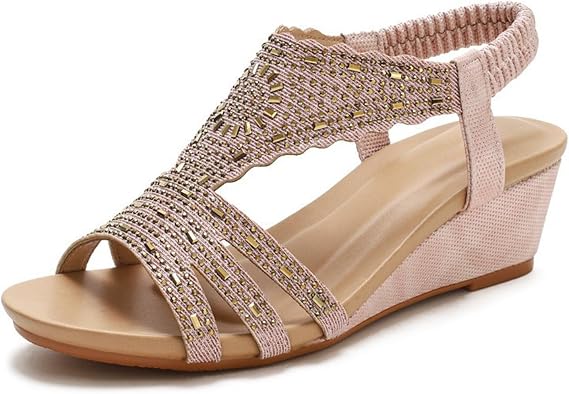 Wedge Sandals for Women Dressy Bohemian Rhinestone Sandals Comfortable Open Toe Elastic Ankle Strap Sandal Summer Beach Shoes