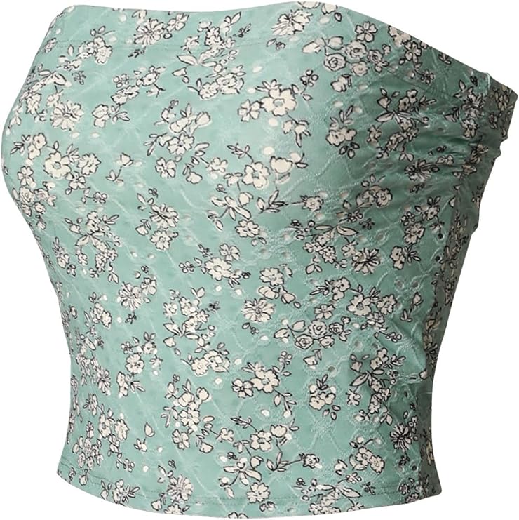 MixMatchy Women's Floral Eyelet Tube Top Strapless Bandeau Tank Top Flower Mint Ivory M