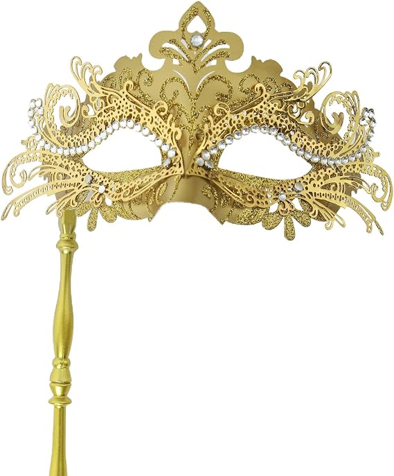 Masquerade Mask with Stick Venetian Golden Mask Mardi Gras Decorations Halloween Costume Mask for Women
