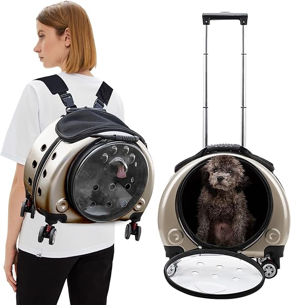 PETCUTE Pet Trolley Backpack,Durable Pet Carrier on Wheels,Transparent & Breathable Cat Backpack Carrier with Ventilation Holes,Removable Wheels,Rolling Pet Carrier Backpack with Removable Mat