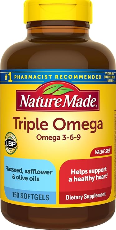 Nature Made Triple Omega 3 6 9 Supplements, 150 Softgels | Fish Free Omega 3 Fatty Acid Supplement with Flaxseed, Safflower & Olive Oils, Heart Health Support, 75 Day Supply