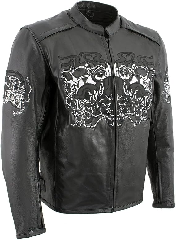 Xelement B95010 Men's 'Bones' Black Armored Street Bike Motorcycle Jacket with Reflective Skulls