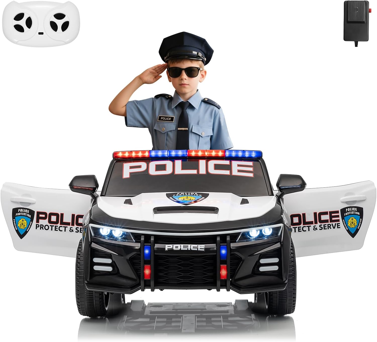 Police Ride on Car for Kids, Battery Powered Ride-On Toys Cop Cars with Remote Control, Alert Tones, Flashing Lights, Music, Spring Suspension