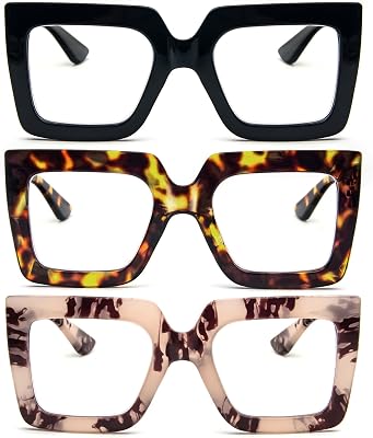 3 Pack Oversized Thick Frame Reading Glasses for Women,Stylish Square Large Readers Blocking Blue Light Glasses