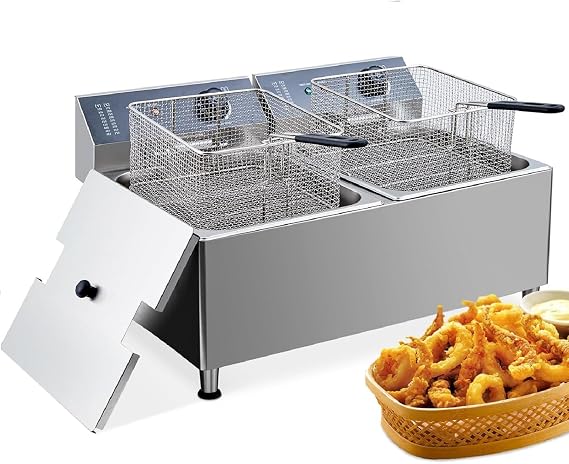 3400W Dual Tank Commercial Deep Fryer 11Lx2,Oil Filtration System & 6LB Baskets,Continuous Cooking for Food Court, Eateries and Caterers, Catering Company