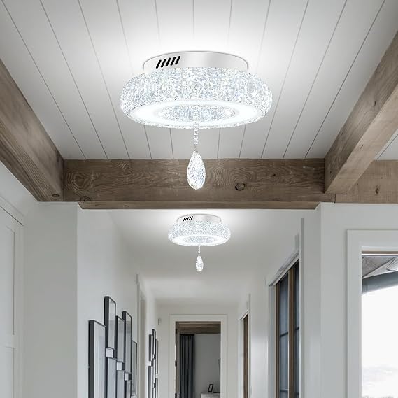 Glam Crystal Ring Chandeliers for Living Room Silver 12in Modern Led Flush Mount Chandelier with K9 Crystal Raindrop