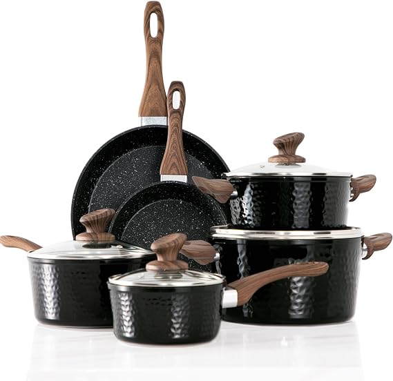 Kitchen Academy Pots and Pans Set Non Stick, 15pcs Hammered Cookware