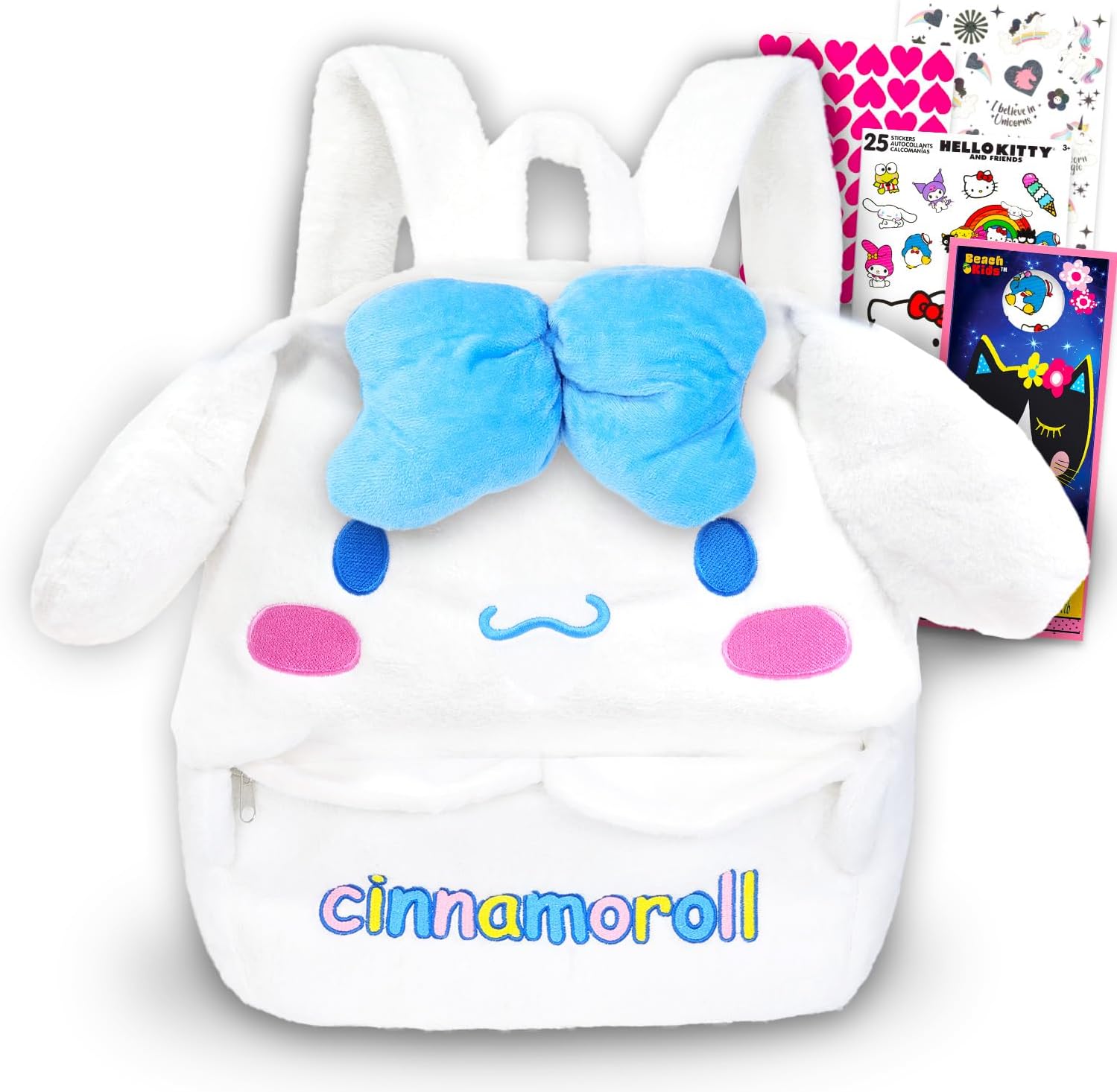 Cinamoroll Plush Backpack Set - Bundle with 15 Cinamoroll Plushie Backpack Doll, Tattoos, Stickers, More | Sanrio Gifts for Girls, Kids