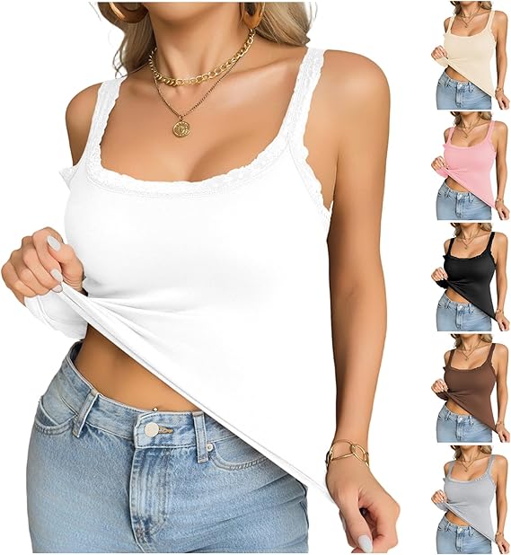 Tank Tops with Built in Bras Lace Spaghetti Strap Camisole Casual Padded Sleeveless Ribbed Shirts