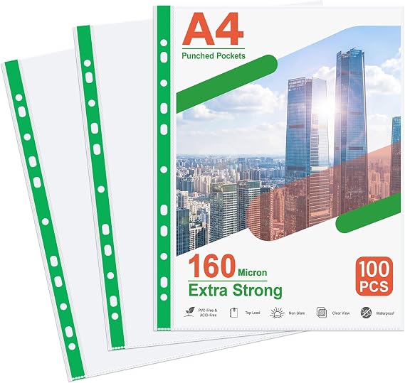 Plastic Wallets A4 Punched Pockets Heavy Duty, 160 Micron, Glass Clear | Top Loading 11-Hole Fit for Binders,Reinforced Green Spine Prevents Tearing,a4 Plastic Sleeves for Office Stationery Supplies