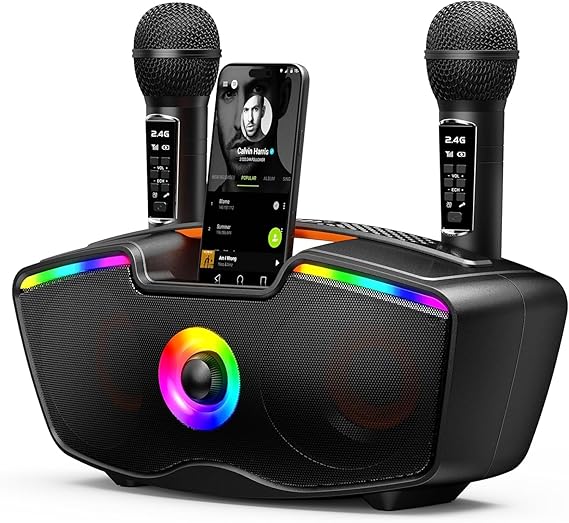 Bluetooth Karaoke Machine for Adults & Kids, 80W Portable Speaker with 2 Wireless Microphones, Echo Adjustment, Support USB/AUX/TF Card, for Outdoor/Indoor Gathering Gifts