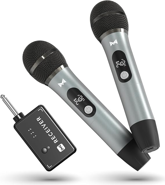 Wireless Microphones for Karaoke Machine, 2 Rechargeable Dynamic Microphones with Receiver, 200FT Wireless Range, 40H Battery Life, for PA Speaker, Amplifier, Church, Party, Speech and Singing
