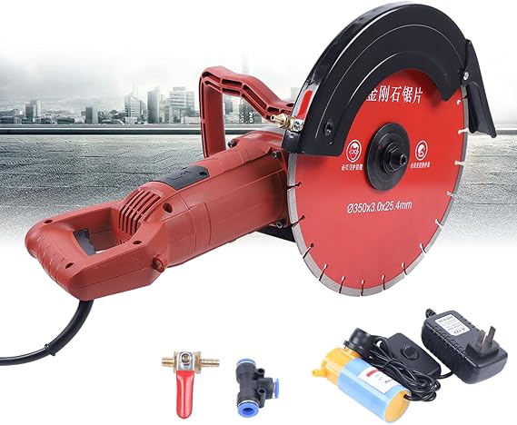 14In Handheld Power Concrete Saw Cutter Wet Dry Concrete Saw Electric Cutter Guide Roller Cut Off Saw Kit for Granite Brick Porcelain Reinforced Concrete 3800R/Min w/Water Pump & Blade 10Kg