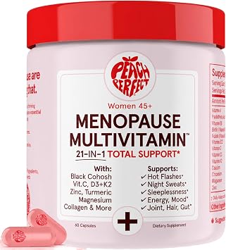 Peach Perfect Menopause Multivitamin | 21 Vitamins for Women 45+ | Black Cohosh, Ashwagandha, Vitamin D3+K2, Probiotics & Collagen | Support for Hot Flashes, Mood Swings, Joint & Skin Health | 30 SVG