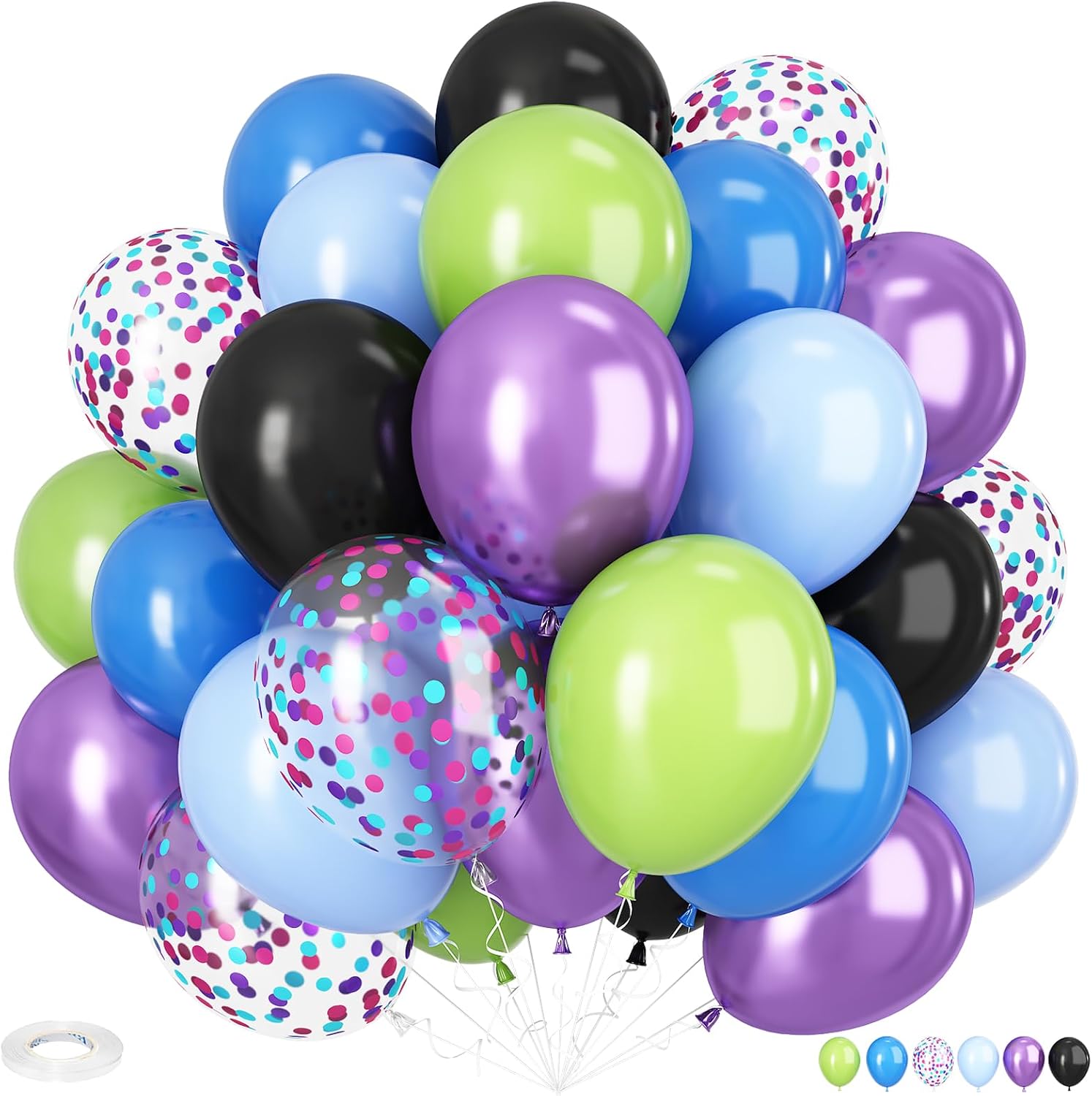 Green Purple and Blue Balloons, 12 Inch Purple Green and Black Balloons Black and Metallic Blue Confetti Balloon for Boys Girls Cartoon Theme Birthday Baby Shower Party Decoration