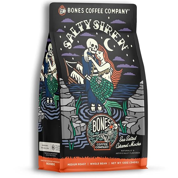 Bones Coffee Company Decaf Salty Siren, Sea Salted Caramel Chocolate Decaffeinated Flavored Coffee, Medium Roast Low Acid Arabica Beans For Auto drip and French Press Coffee Maker, 12 Oz Whole Bean
