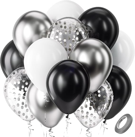 Bezente Black Silver and White Confetti Balloons Set 60pcs 12 inch