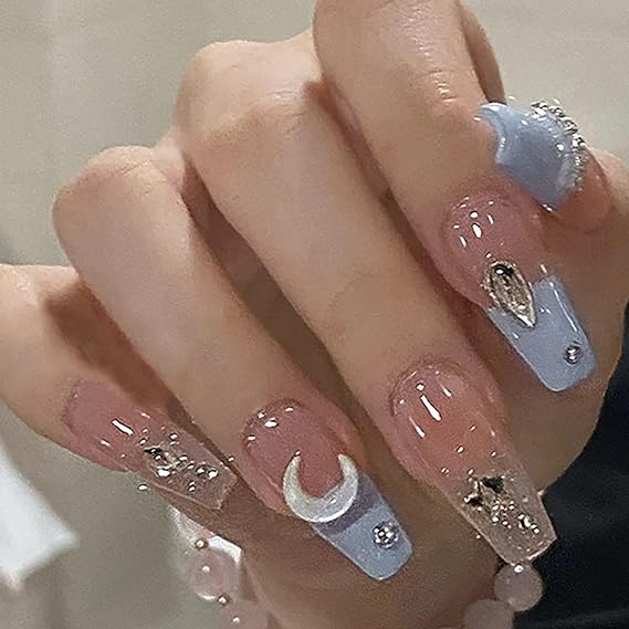 Press on Nails Square Medium Length, Coffin Shape Full Cover Reusable False Nails with Glue, Stick on Nails with AB Clear Rhinestone Designs, Artificial Acrylic Fake Nails for Women, Glue on Nails