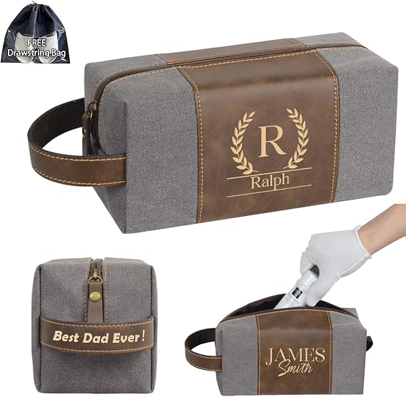 Personalized Toiletry Bag for Men, Waterproof Canvas Wash Bag, Custom Engraved Namel Initia on Leather, Men's Travel Bag, Gifts for Dad, Grandpa, Husband, Boyfriend, Groomsmen, Graduation Gifts