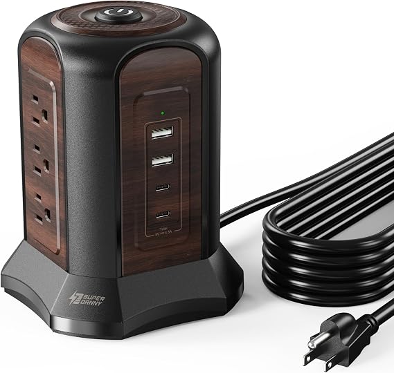 SUPERDANNY Power Strip Tower, Desktop Charging Station,10 Ft Extension Cord | 1080J Surge Protector, 9 Outlets 4 USB (2 USB C), Flat Plug Power Tower with Multiple Outlets, Home Office, Dorm,Saddle Brown