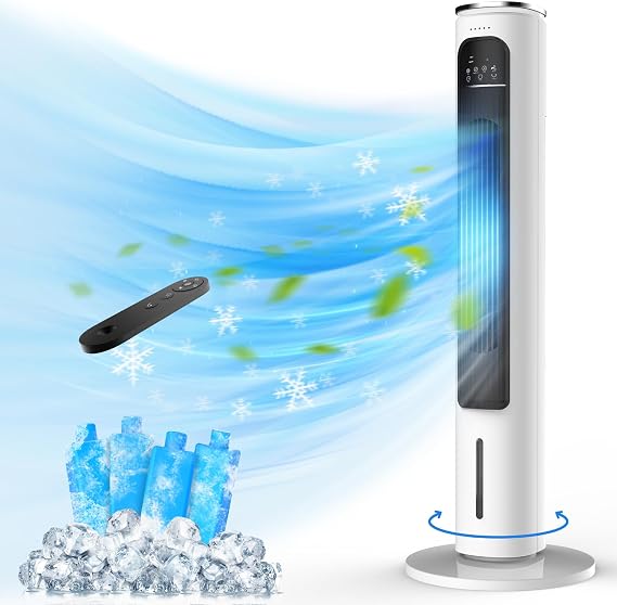 Windowless Portable Air Conditioners, 37 Cooling Tower Fan, Evaporative Air Cooler w/Remote, 2.5L Water Tank & Ice Packs, 12H Auto-off, 70 Oscillating, Ultra-Quiet Standing Fan For HomeOffice
