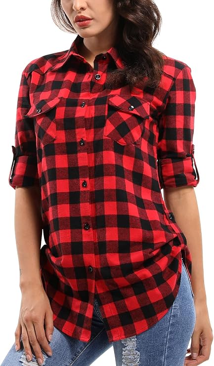 Women's Plaid Flannel Shirt Long Sleeve Button Down Casual Fitted Western Tops