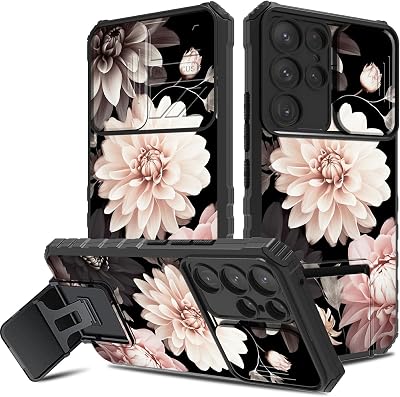 Case for Samsung Galaxy S25 Ultra for Galaxy S25 Ultra Case with Camera Cover & Kickstand Hybrid Dual Layer Shockproof Stand Protective Cover for Samsung S25 Ultra,Pink and White Flowers