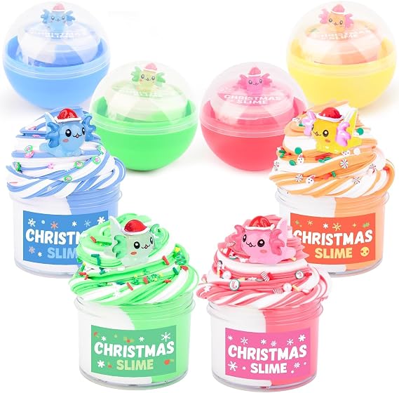Christmas Slime Kit with 4 Pack Butter Slime - Xmas Axolotl Stickers and Charms for Girls & Boys, Stretchy, Non-Sticky, Party Favors, Stocking Stuffers, Xmas Gifts for 4 5 6 7 8 9 10+ Year Old