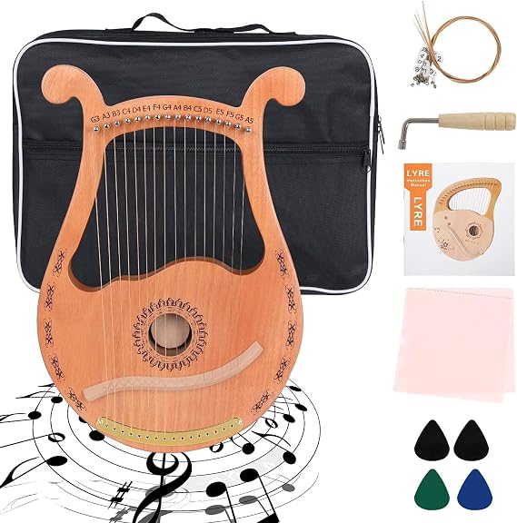 Lyre Harp, 16 Strings Mahogany Wood Lyre Harp with Extra Strings, Picks, Tuning Lever, Black Gig Bag, Beginner's Manual for Lyre
