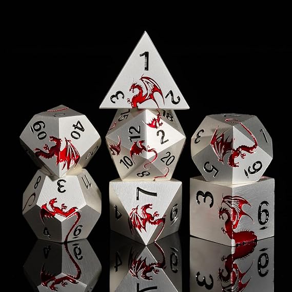 Metal Dragon DND Dice Set,7-Piece Polyhedral Dice,Silver Red