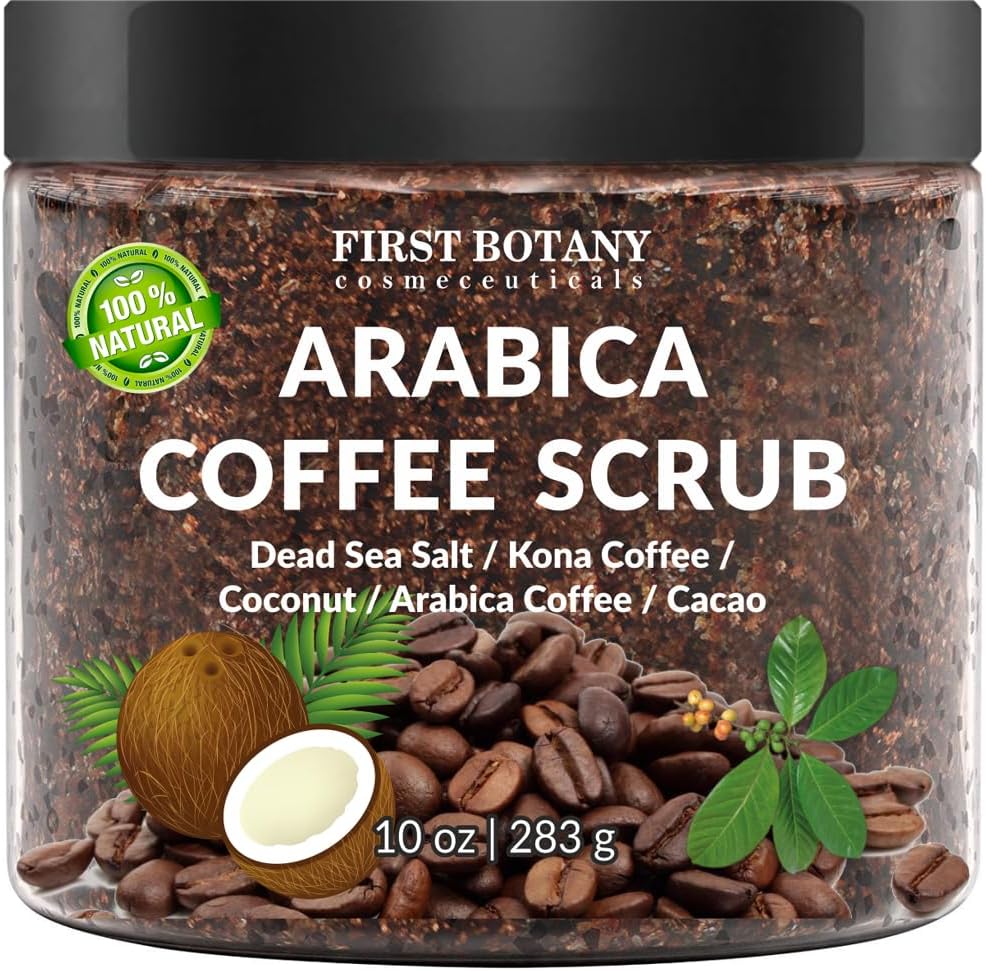 First Botany Cosmeceuticals Natural Arabica Coffee Scrub 12 Oz. With Organic Coffee, Coconut And Shea Butter - Best Acne, Anti Cellulite And Stretch Mark Treatment, Spider Vein Therapy