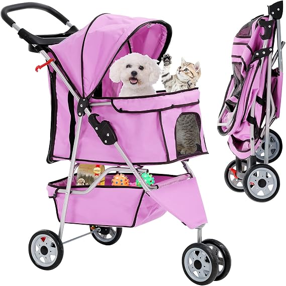 TTY Store Best 3 Wheels Pet Stroller for Dog Cat or Small Pet, Lightweight Foldable Pink